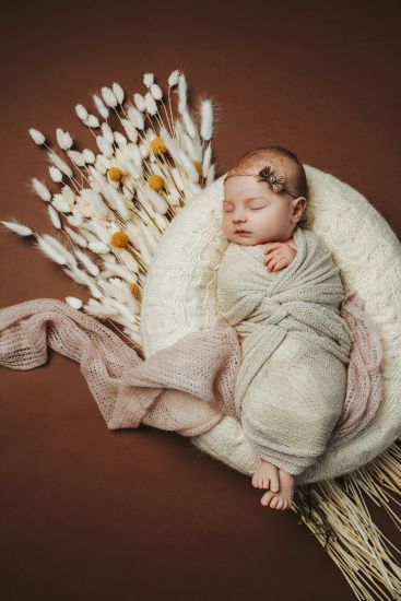 Neugeborenenfotos mit getrockneten Gräsern
